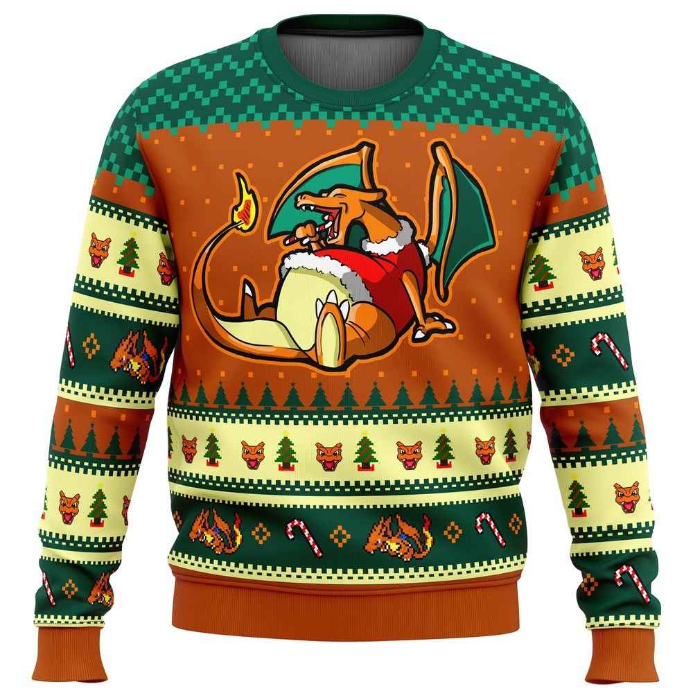 Eating Candy Cane Charizard Pokemon Ugly Christmas Sweater